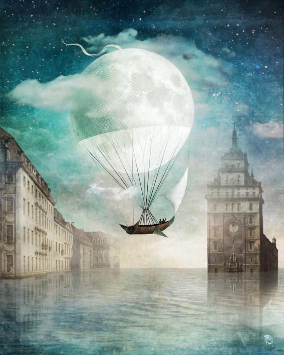 Une œuvre de Christian Schloe représentant une montgolfière en forme de lune, évoquant le rêve et la lumière nocturne