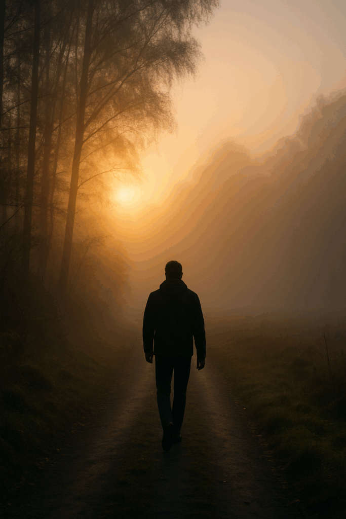 alt = silhouette seule évoque l'attente, l'incertitude et une paix intérieure discrète