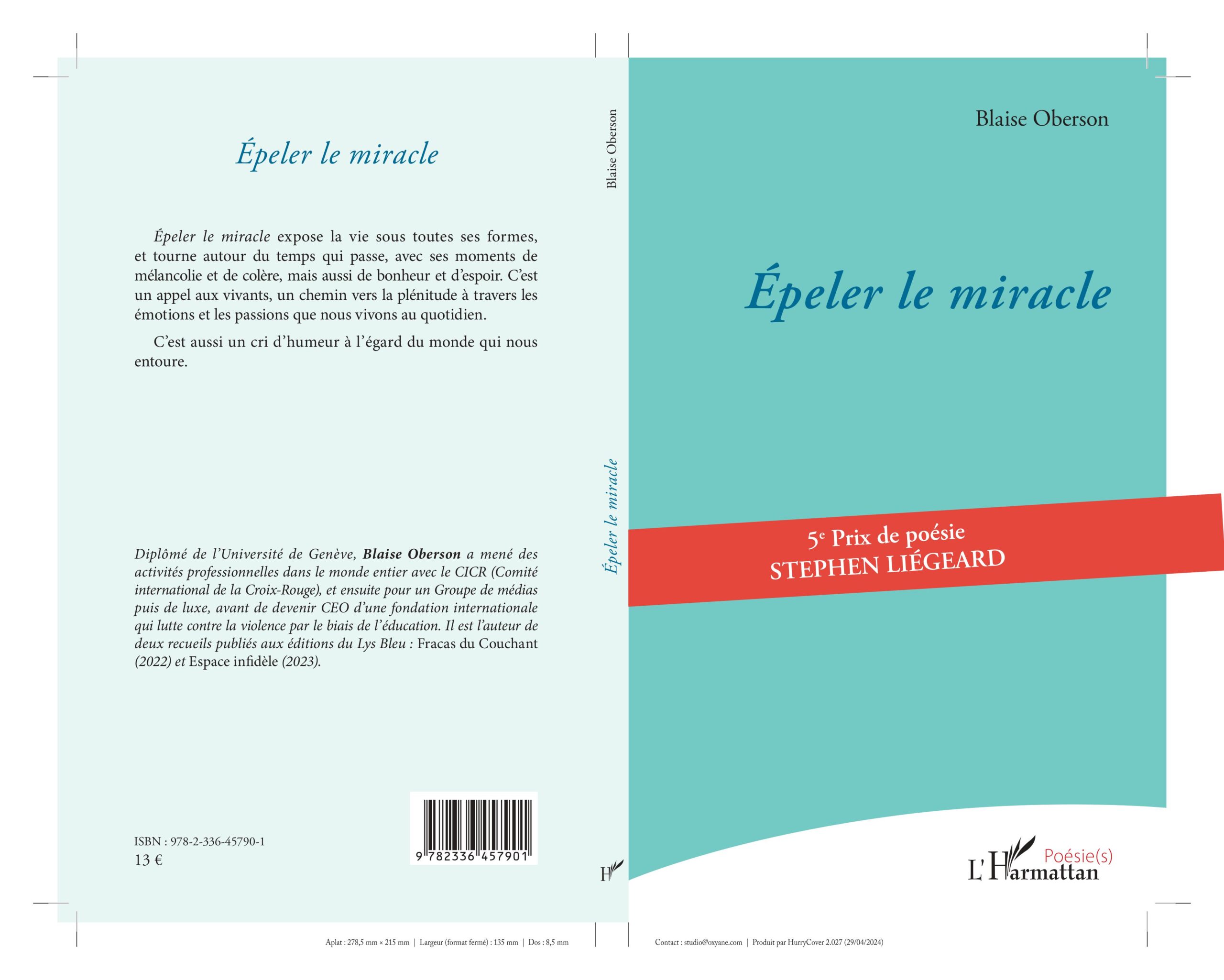 Page de couverture recueil Épeler le miracle avec prix de poésie