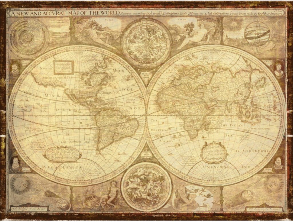 Alt = :"Carte du monde, XVIIᵉ siècle, illustration des cycles historiques et des erreurs répétées"
