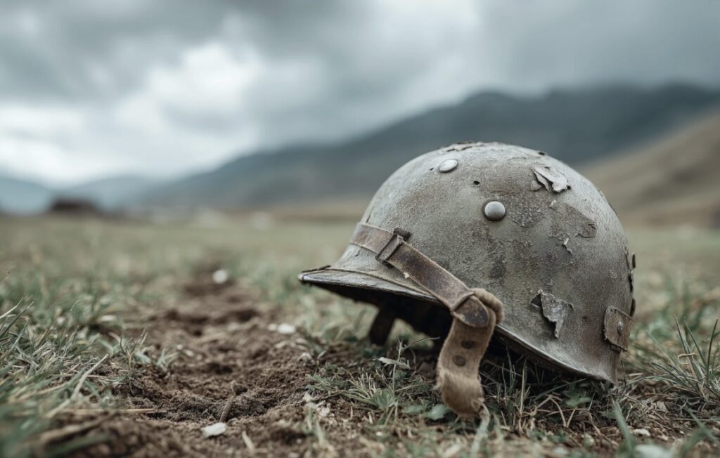 Alt="Casque abandonné dans un champ symbolisant le refus de la guerre"