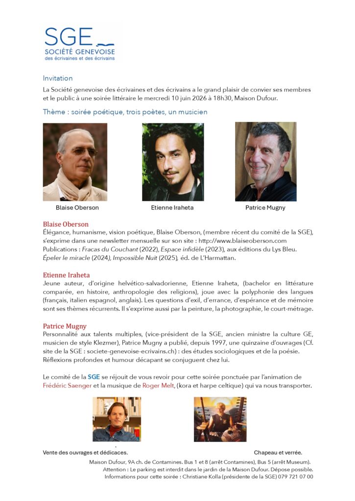 Flyer pour informer sur la soirée poétique organisée par Blaise Oberson pour la Société Genevoise des Écrivains (SEG)